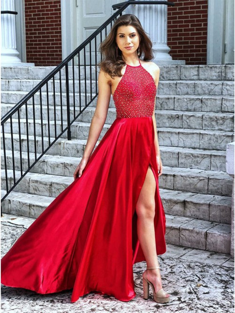 Red Halter Split Prom Dresses, Formal ...